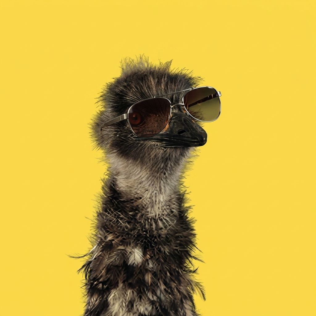 The InsuranceEmu mascot: an emu wearing aviator sunglasses on a yellow background